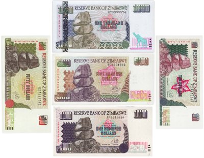 купить Зимбабве набор из 5 банкнот 10, 50, 100, 500, 1000 долларов 1994-2004 ПРЕСС