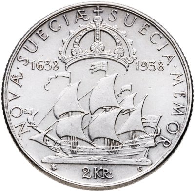 купить Швеция 2 кроны 1938 "300 лет поселению Делавэр"