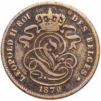 купить Бельгия 2 сантима (centimes) 1870 Надпись на французском - 'DES BELGES'