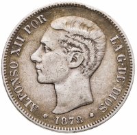 купить Испания 5 песет (pesetas) 1878 EM M знак монетного двора: "EM M" - J.Escosura, M.Morejón