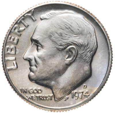 купить США 10 центов (дайм, one dime) 1974 D Roosevelt Dime (Рузвельт) знак монетного двора "D" - Денвер