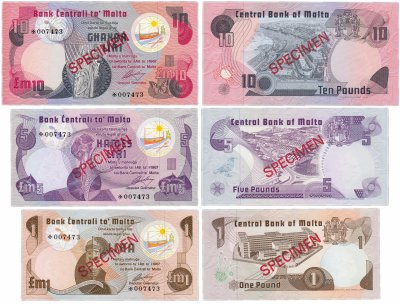 купить Мальта набор образцов (specimen) 1,5,10 лир 1967 (Pick CS1) (с одинаковым номером-007473 и сертификатом)