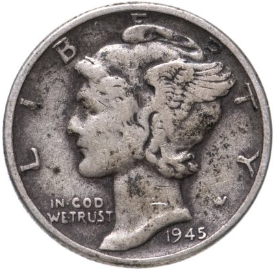 купить США 10 центов (дайм, one dime) 1945 Mercury Dime (дайм «Меркурий») без обозначения монетного двора