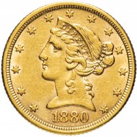 Купить США 5 долларов (dollars) 1880 "Половина орла" Без отметки монетного двора