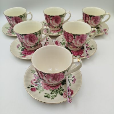 купить Сервиз чайный "Royal collection" с цветочным декором на 6 персон (6 чайных пар, 6 подставок и 6 ложек) в оригинальной коробке, фарфор, печать, Китай, 2000-2020 гг.