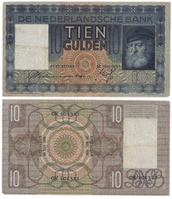купить Нидерланды 10 гульденов 1938 (Grijsaard, Rembrandt) Pick 49, Replacement (Замещёнка)