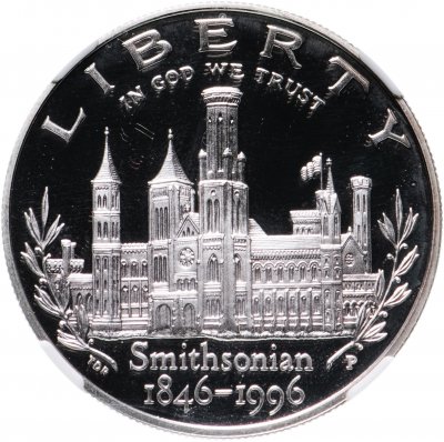 купить США 1 доллар (dollar) 1996 P Proof Smithsonian (150 лет создания Смитсоновского института) знак монетного двора "P" - Филадельфия в слабе NGC PF69