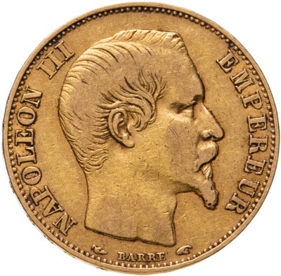 купить Франция 20 франков (francs) 1855 с портретом Императора Наполеона III
