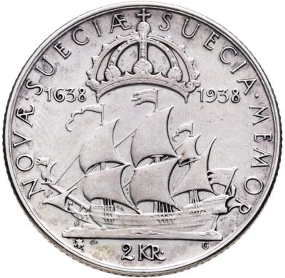купить Швеция 2 кроны 1938 "300 лет поселению Делавэр"