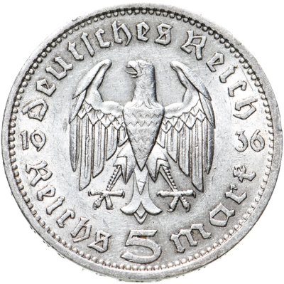 купить Германия Третий рейх 5 рейхсмарок (reichsmark) 1936 Гинденбург , без свастики