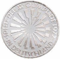 Купить Германия 10 марок 1972 G XX летние Олимпийские Игры, Мюнхен 1972 - Эмблема "In München" знак монетного двора: "G" - Карлсруэ
