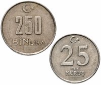 купить Турция набор из 2-х монет 25 и 250000 лир 2002-2008, случайная дата