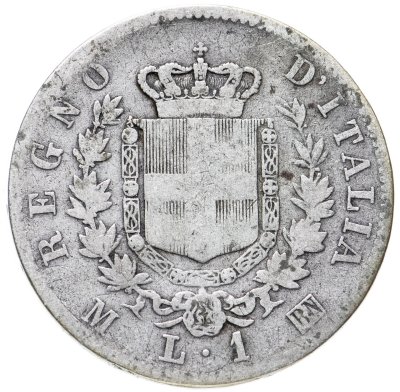купить Италия 1 лира (lira) 1863 M (щит на реверсе), знак монетного двора: "M" - Милан