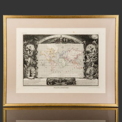 купить Гравюра "Карта мира (Planisphère)" в раме, автор Виктор Левассер (Victor Levasseur), бумага, печать, дерево стекло, Франция, 1840-1860 гг.