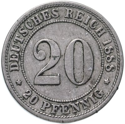 купить Германия 20 пфеннигов (pfennig) "F" 1888