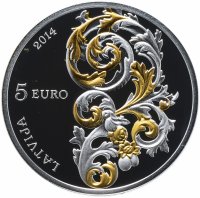 Купить Латвия серебряные 5 евро 2014 Proof "Курземское барокко серебро"