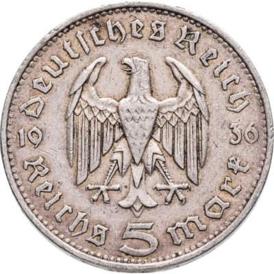 купить Германия 5 рейхсмарок 1936 F орёл без свастики, Пауль фон Гинденбург