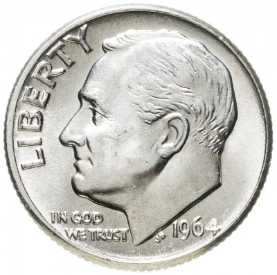 купить США 10 центов (дайм, one dime) 1964 Silver Roosevelt Dime (Рузвельт) без обозначения монетного двора