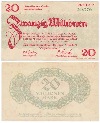 купить Германия Dresden-Neustadt Дрезден Нойштадт, 20 млн , 20000000 Марок, 1923 год