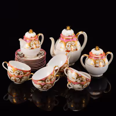 купить Сервиз чайный с растительным декором на 8 персон (19 предметов), Sunny China, фарфор, крытье, золочение, Япония, 1945-1952 гг.