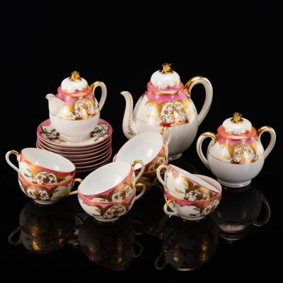 купить Сервиз чайный с растительным декором на 8 персон (19 предметов), Sunny China, фарфор, крытье, золочение, Япония, 1945-1952 гг.