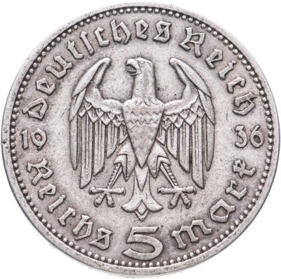 купить Германия (Третий Рейх) 5 рейхсмарок 1936, Двор А (Берлин), орел без свастики (Гинденбург)