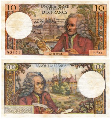 купить Франция 10 франков образца 1972 (1963-1973) Voltaire (Вольтер) Type (Pick 147d)