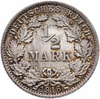 Купить Германия 1/2 рейх марки 1916, монетный двор случайный