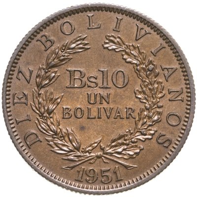 купить Боливия 10 боливиано - 1 боливар 1951
