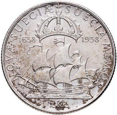 купить Швеция 2 кроны 1938 "300 лет поселению Делавэр"