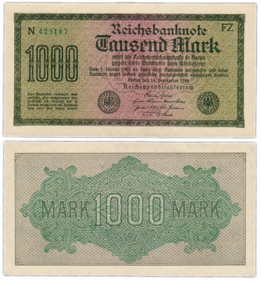 купить Германия 1000 марок 1922 (Pick 76) Зеленый нумератор