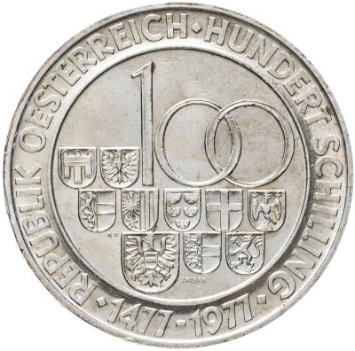 купить Австрия 100 шиллингов (shillings) 1977 500 лет Венскому монетному двору