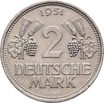 купить Германия 2 марки 1951, знак монетного двора: "D" - Мюнхен