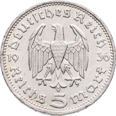 купить Германия 5 рейхсмарок 1936 D орёл без свастики, Пауль фон Гинденбург