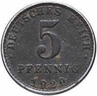 Купить Германия 5 пфеннигов (pfennig) 1920 A