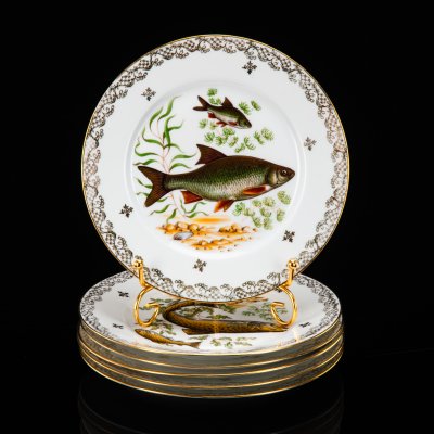 купить Набор из 6-ти тарелок, украшенных изображением различных рыб, ETS Chadelaud, фарфор, деколь, золочение, Limoges, Франция, 1950-1970 гг.