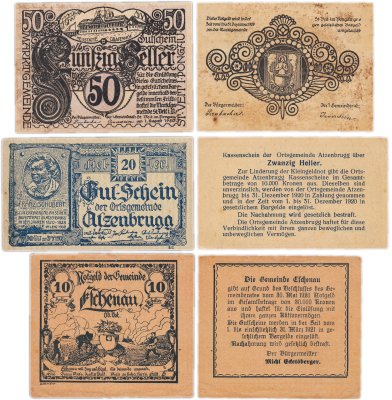 купить Австрия набор из 3 нотгельдов 10, 20 и 50 геллеров 1920-1921