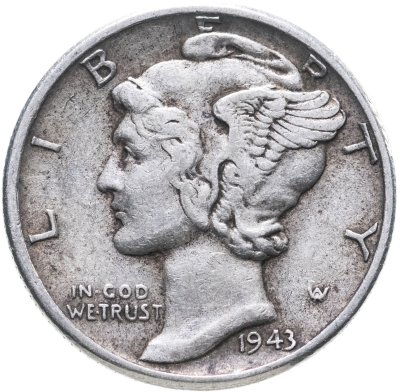 купить США 10 центов (дайм, one dime) 1943 Mercury Dime (дайм «Меркурий») без знака монетного двора