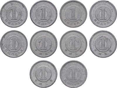 купить Япония набор из 10 монет 1 йена (yen) 1955-2019