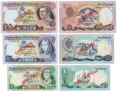 купить Ирландия (Провинциальный банк Ирландии) набор образцов (specimen) 1,5,10 фунтов 1977 (с одинаковым номером-008235)