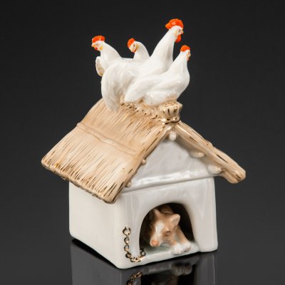 купить Статуэтка (шкатулка) "Собачья будка", скульптор А.Г. Сотников, фарфор, роспись, люстр, золочение, Дулевский фарфоровый завод (Дулёво), СССР, 1960 г.