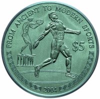 Купить Либерия 5 долларов 2004 "Спорт - Метание диска" ниобий Редкость