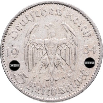 купить Германия (Третий Рейх) 5 рейхсмарок 1934 A "1 год нацистскому режиму, Гарнизонная церковь в Потсдаме (Кирха)" без даты на реверсе