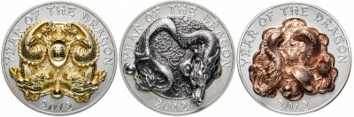 купить Руанда 500 франков 2012 набор из 3-х монет "Год дракона Богатство Удача Долголетие" в футляре с сертификатом