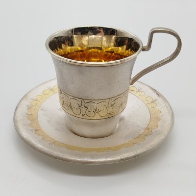 купить Пара кофейная с орнаментальным декором, мельхиор (медь-никель), гравировка, золочение, Мстерский завод художественных изделий «Ювелир», СССР, 1979 г.