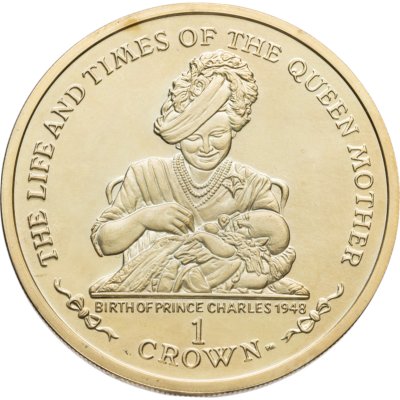 купить Остров Мэн 1 крона (crown) 2001 Жизнь и время Королевы-Матери - Рождение принца Чарльза в 1948 году