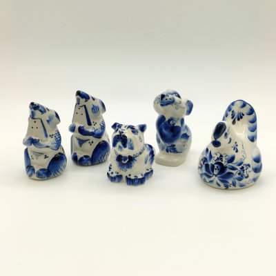 купить Набор для специй "Животные" (5 предметов), Гжель, фарфор, роспись, Россия, 1990-2010 гг.