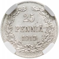 купить 25 пенни (pennia) 1917 S гербовый орёл без корон, монета для Финляндии в слабе ННР MS63