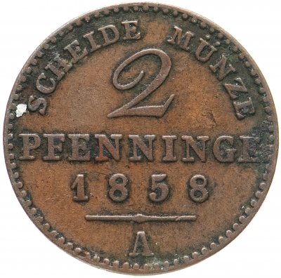 купить Пруссия 2 пфеннига (pfenninge) 1858 A, отметка монетного двора: "A" - Берлин
