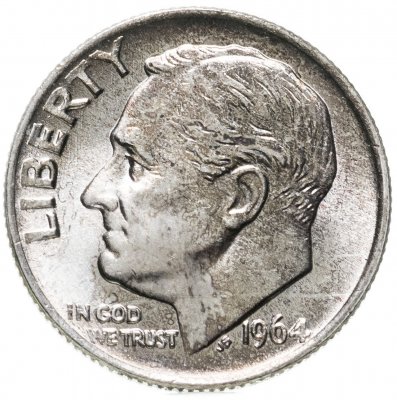 купить США 10 центов (дайм, one dime) 1964 Silver Roosevelt Dime (Рузвельт) без обозначения монетного двора